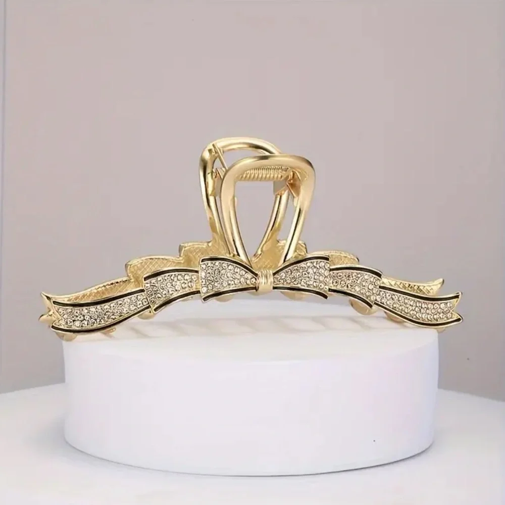 NEW Beautiful Luxury Gold Black Bow Crystal Pearl Hair Clip
